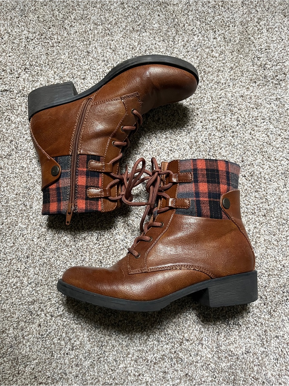Women’s Brown Lace-Up Ankle Boots with Plaid Cuff